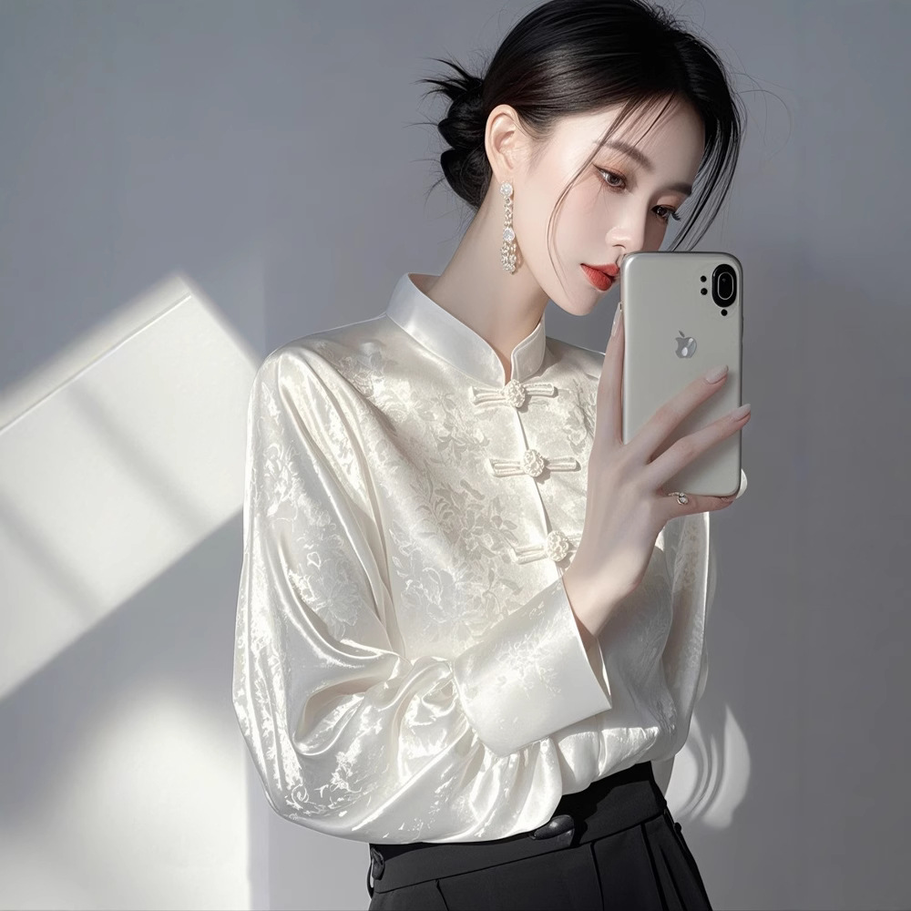 新中式国风内搭打底衫女2025早春高级感轻奢减龄洋气白色提花衬衫
