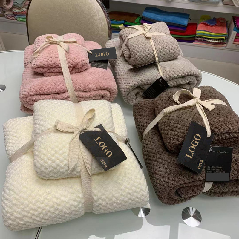 Live broadcast with goods high quality coral velvet pineapple Plaid towel bath towel combination suit absorbent thickened adult manufacturer batch