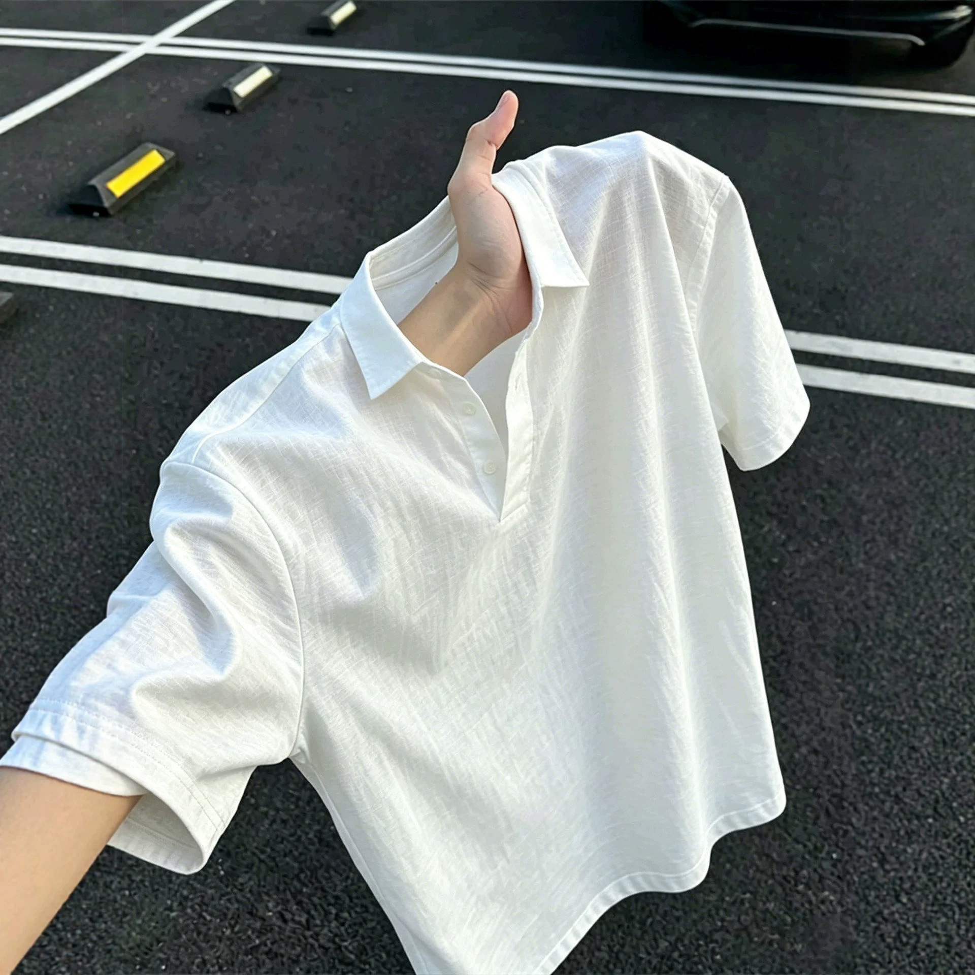 老钱风白色仿亚麻短袖polo衫男夏季冰丝凉感防晒翻领t恤高级感半