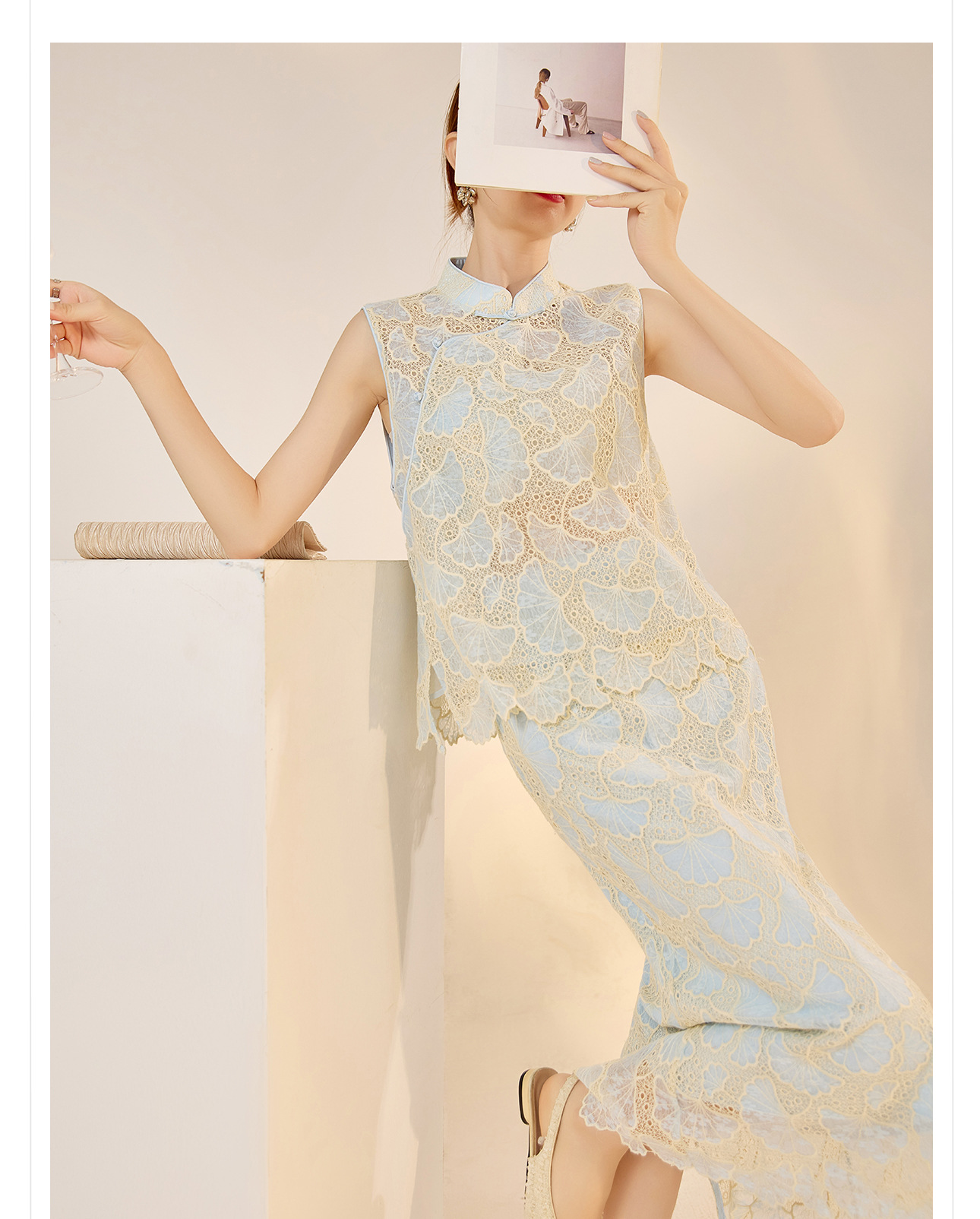 Bộ vest nữ thêu hoa vạt chéo áo gile chân váy hai mảnh phong cách quốc gia — Váy nửa, Áo gilê chi tiết 12