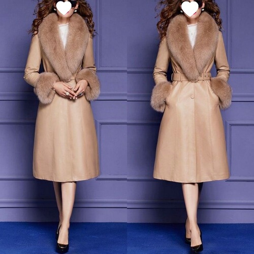 Hollywood Glamour Fox Fleece Collar Leather Jacket, Chic Celebrity Style faux fur trimmed coat, Goddess Washed Leather Cotton Warm Coat Trendy