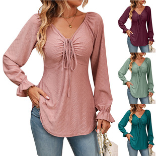 Autumn 2023 New European and American Foreign Trade Women's Amazon V-neck Drawstring Waist Sexy Long Sleeve Solid Color T-shirt
