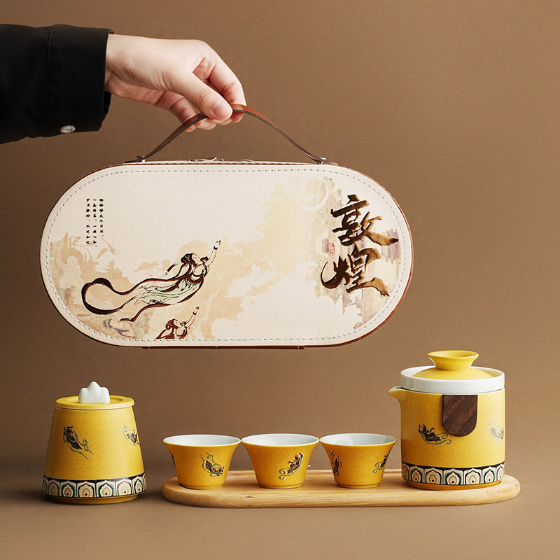 Oriental Dunhuang Feitian Kung Fu Ceramic Outdoor Travel Tea Set - One Pot, Three Cups - Business Event Souvenir Gift Set