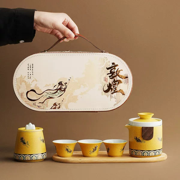 Oriental Dunhuang Feitian Kung Fu Ceramic Outdoor Travel Tea Set - One Pot, Three Cups - Business Event Souvenir Gift Set