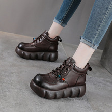头层牛皮复古厚底松糕鞋秋冬季新款高跟百搭休闲高帮女鞋马丁靴子