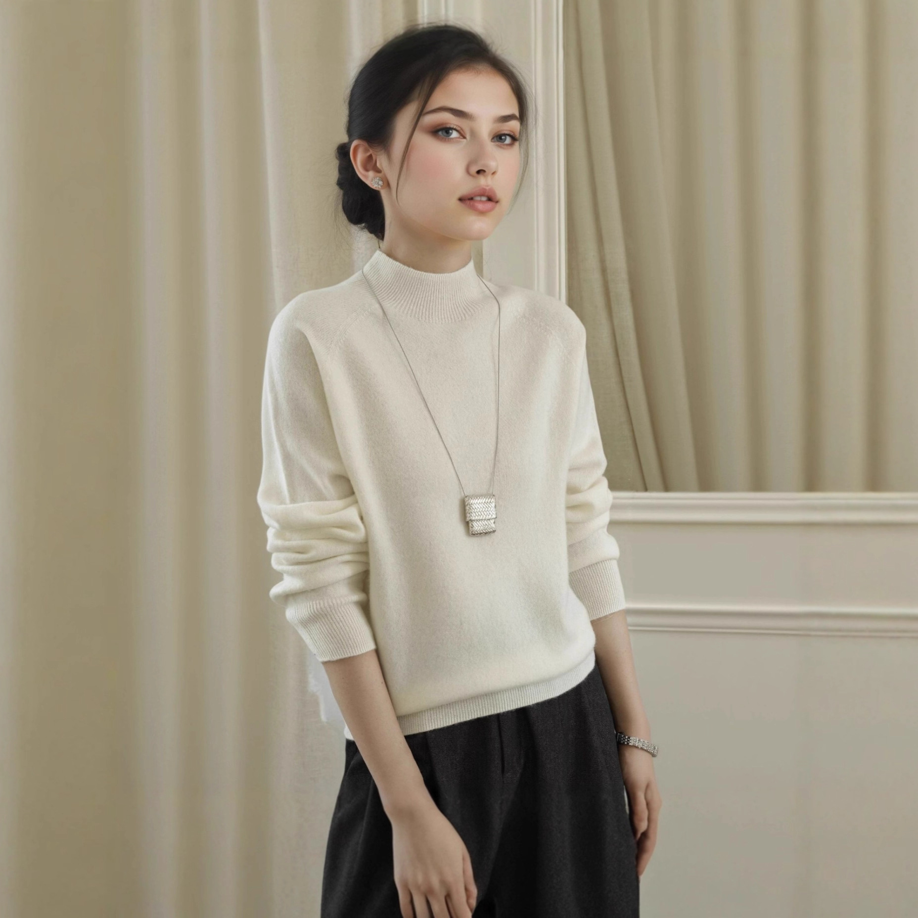 女羊毛衫半高领羊绒羊毛衫女上衣慵懒宽松长袖套头针织打底衫毛衣