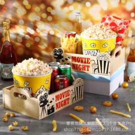 跨境零食收纳盒实木手提式节日聚会零食盒电影之夜爆米花小吃托盘