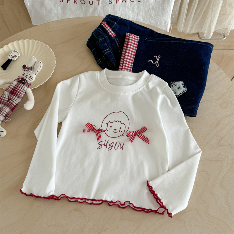 クリームガールズ子供服秋の新作子供韓国風リボンベビードールシャツボトリングシャツ+ジーンズ2点セット|undefined