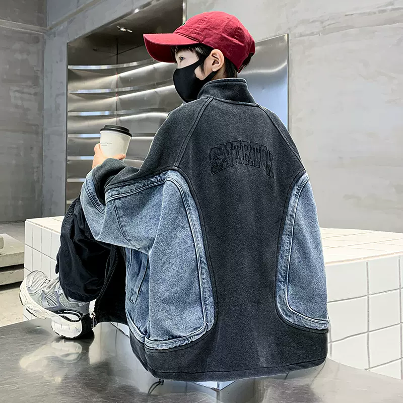 男童秋装牛仔外套男款拼接上衣2025新款中大童春秋款痞帅休闲夹克