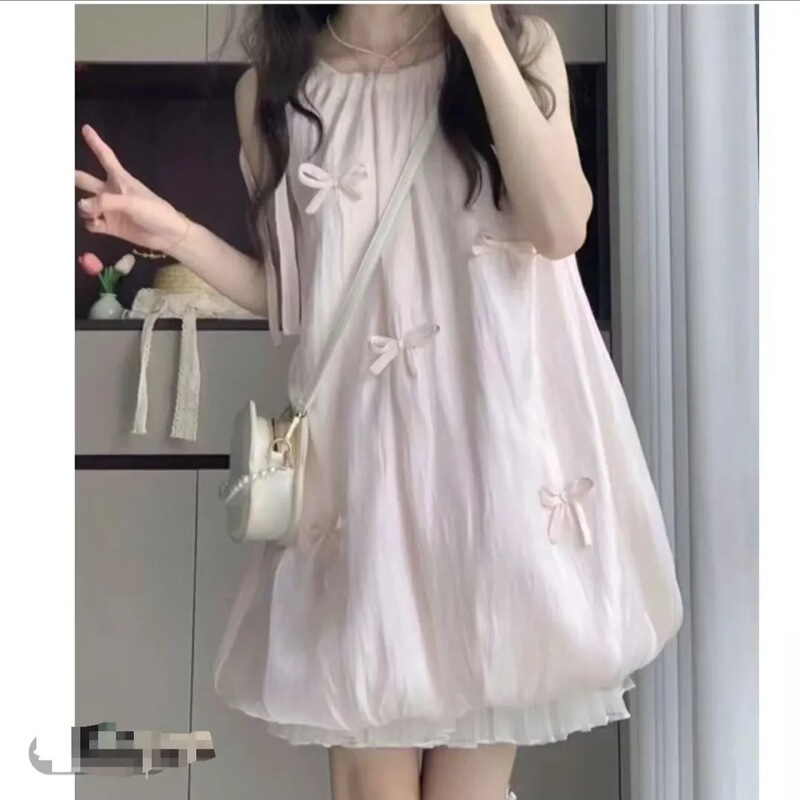 Sweet, Gentle and Cute Pink Bow-Knot Flower Bud Dress for Female Students, New Summer Style Loose Slimming Short Skirt