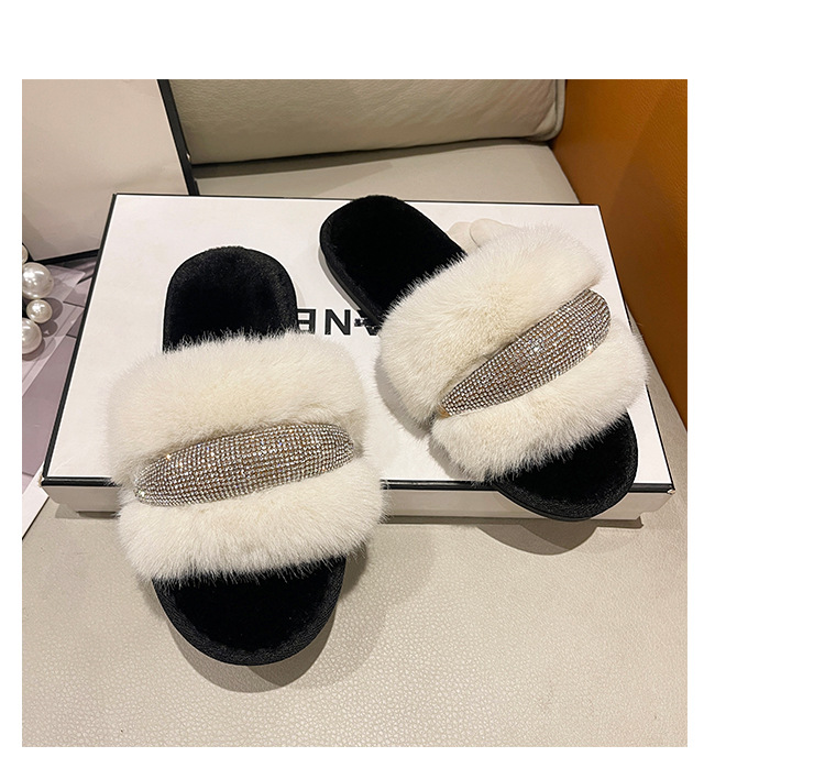 Pantofole piatte in cristallo di nuova pelliccia per il commercio estero con diamanti Moda donna alta e bassa in lana con apertura a una linea in cotone transfrontaliero_voghion.com