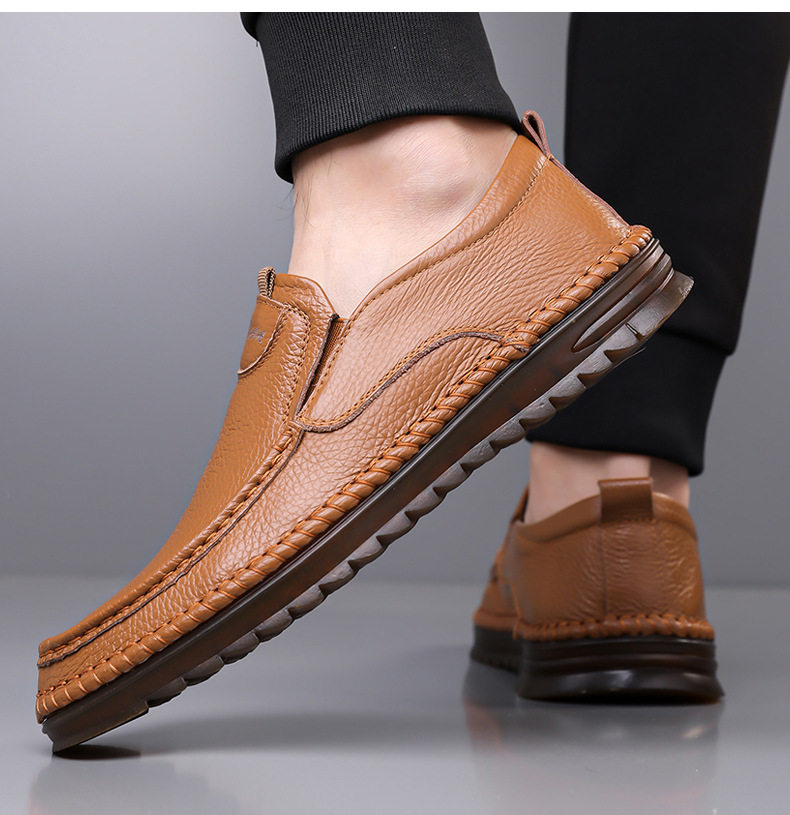 Giày lười nam da bò lớp đầu mũi tròn đế bằng chống trượt — Kaki, Màu trắng, Màu đen chi tiết 19