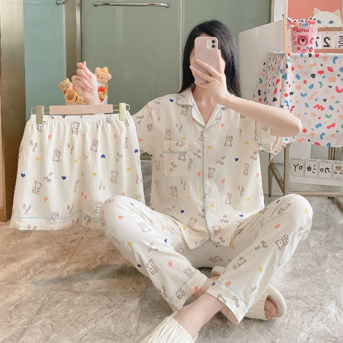 Venta al por mayor transfronteriza 120g pijamas de algodón de nube de verano de manga corta para mujer pantalones cortos de algodón de nube de verano de tres piezas servicio a domicilio de dibujos animados