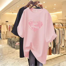 粉色t恤女夏季纯棉短袖新款新型印花中长款上衣宽松欧货半 袖体恤