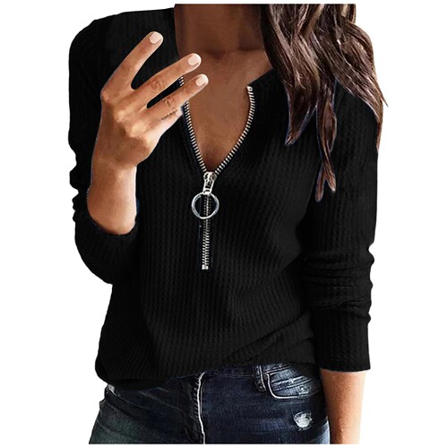  Autumn/Winter Honeycomb Knit V-Neck Zipper Long-Sleeve Plus Size T-Shirt for Women Casual Versatile European and American Style