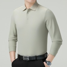 2025秋季男士长袖T恤翻领男装纯色高端桑蚕丝男式t恤上衣一件代发