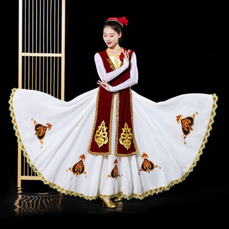New Xinjiang Performance Costumes for Dance, Ethnic Minority Practice Dresses, Large Hem Skirts for Performances, Uyghur Clothing for Art Exams New Xinjiang Performance Costumes for Dance, Ethnic Minority Practice Dresses, Large Hem Skirts for Performances, Uyghur Clothing for Art Exams