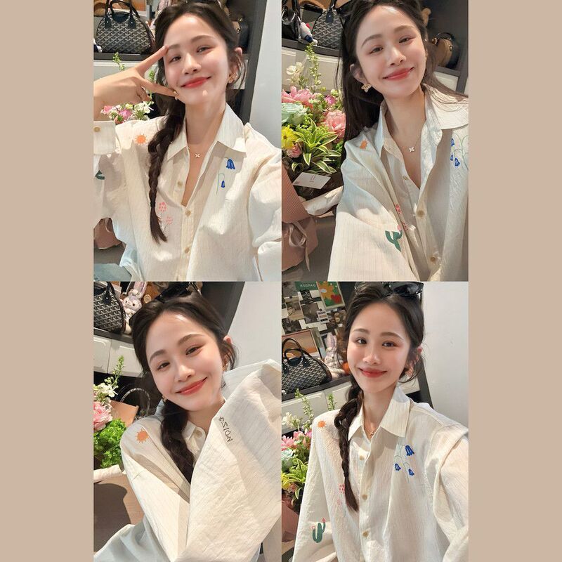 刺绣印花长袖衬衫女上衣女秋2025高级感防晒薄宽松竖条纹通勤百搭|undefined