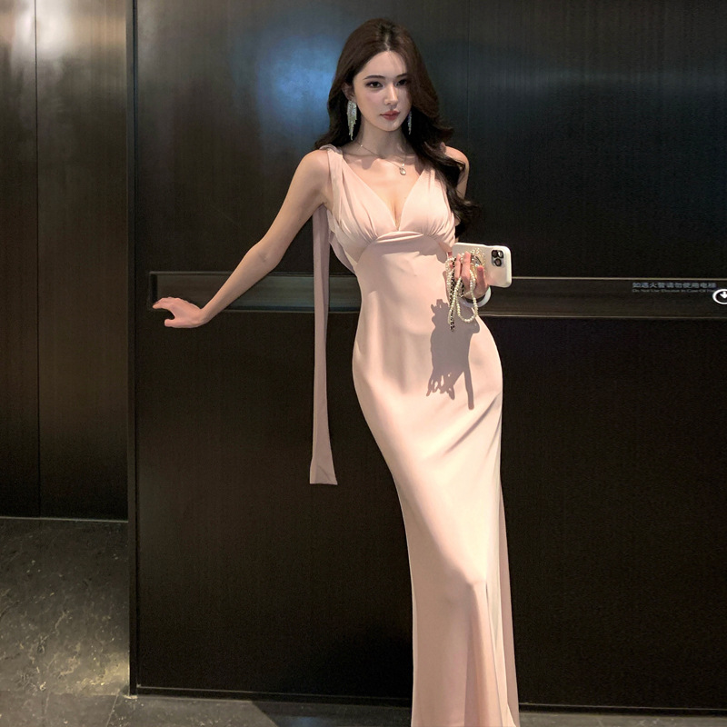 Pink Satin Flowing Pink Ribbon Waist Dress Sleeveless Collar Hip-Hugging Dress Fishtail Long Skirt