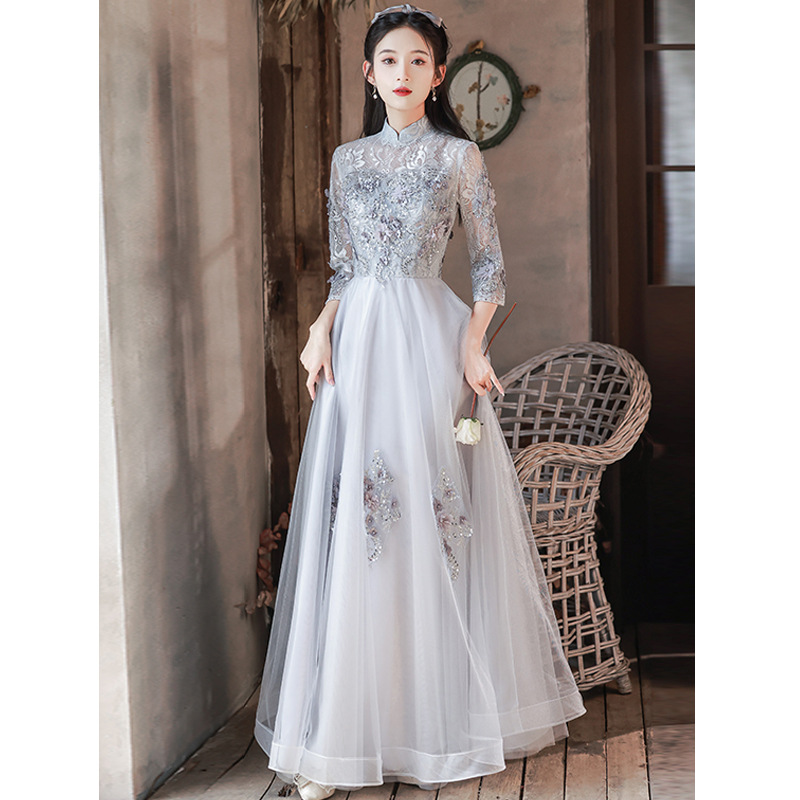 Estilo chino cheongsam vestido de compromiso para las mujeres 2024 nuevo elegante luz de lujo anfitrión bienvenida etiqueta vestido de noche arte prueba