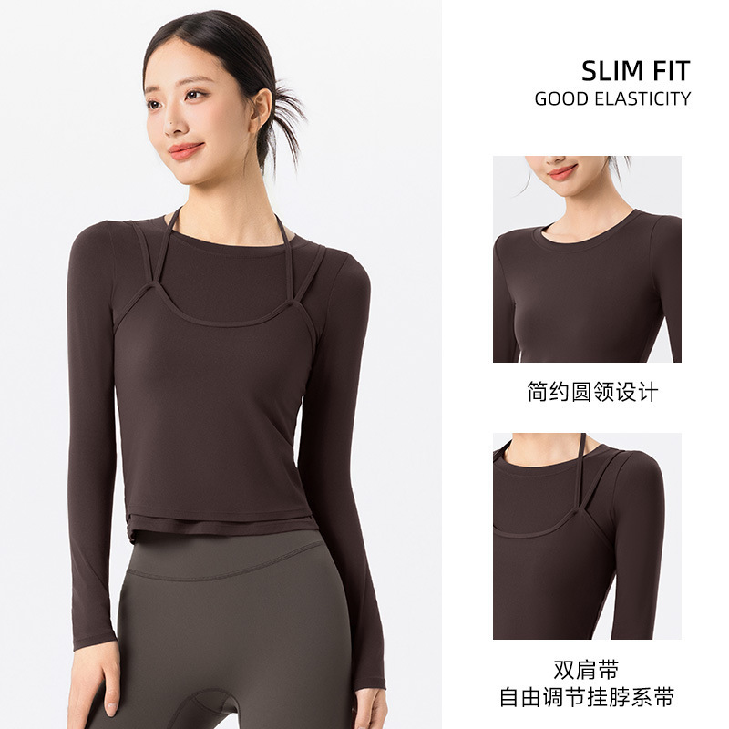 跨境裸感瑜伽服套装高级感女双肩带挂脖吊带背心叠穿运动健身上衣|undefined