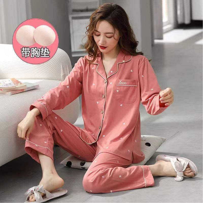 Nuevo Otoño de manga larga 100% algodón Pijama con almohadilla en el pecho de las mujeres de primavera y otoño pantalones finos desgaste del hogar anti-Bump
