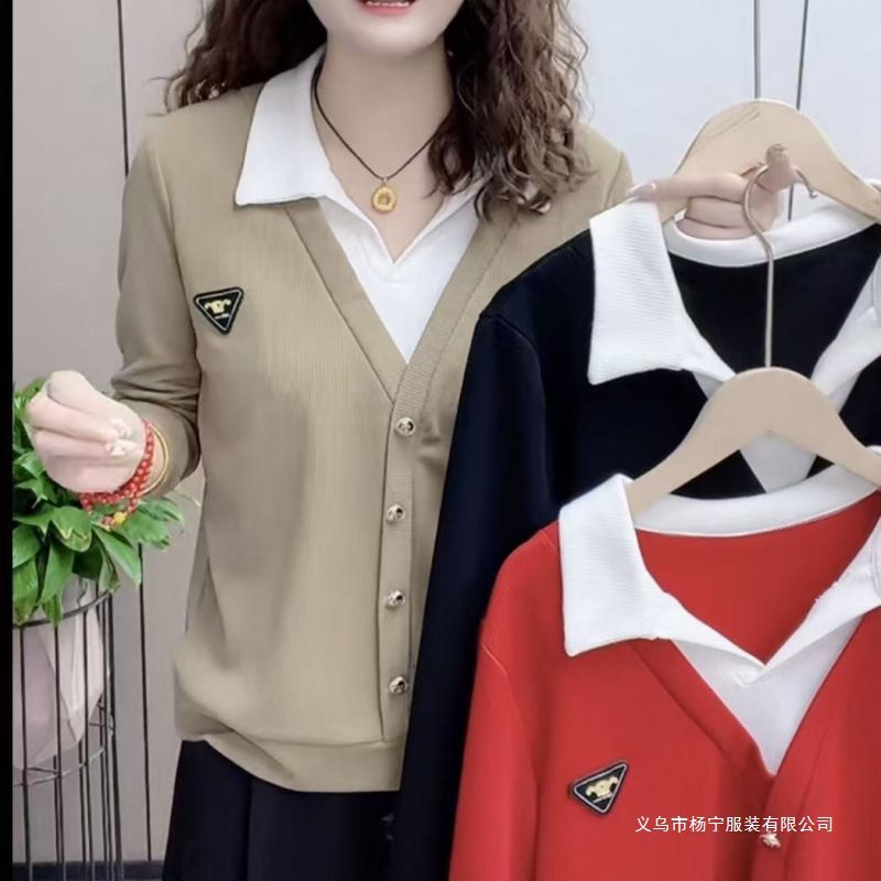 网红春秋针织衬衫领拼接长袖上衣百搭时尚气质女假两件打底衫