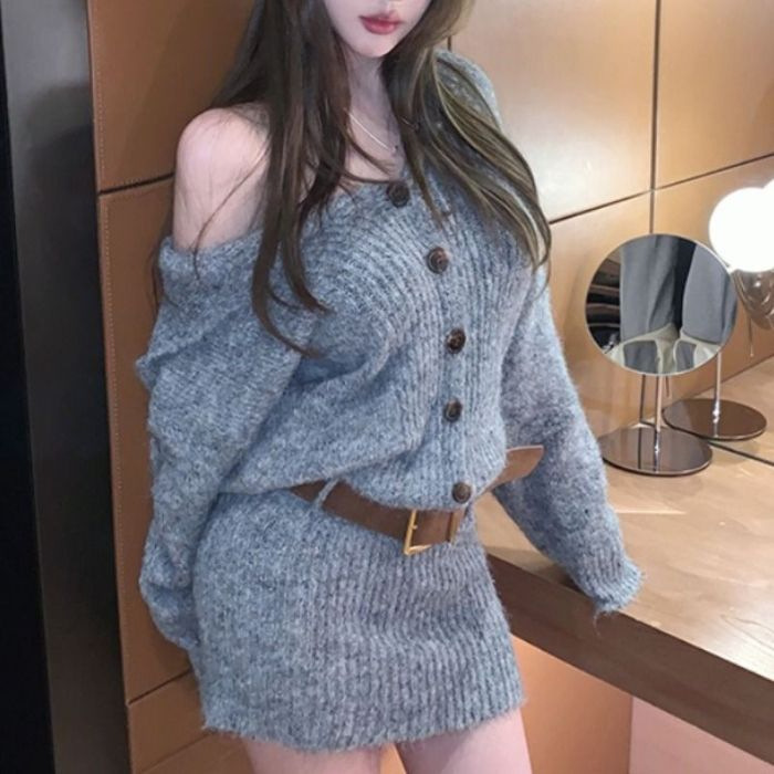 法式纯欲风一字肩针织毛衣连衣裙女秋冬2025年新款设计感包臀短裙|undefined