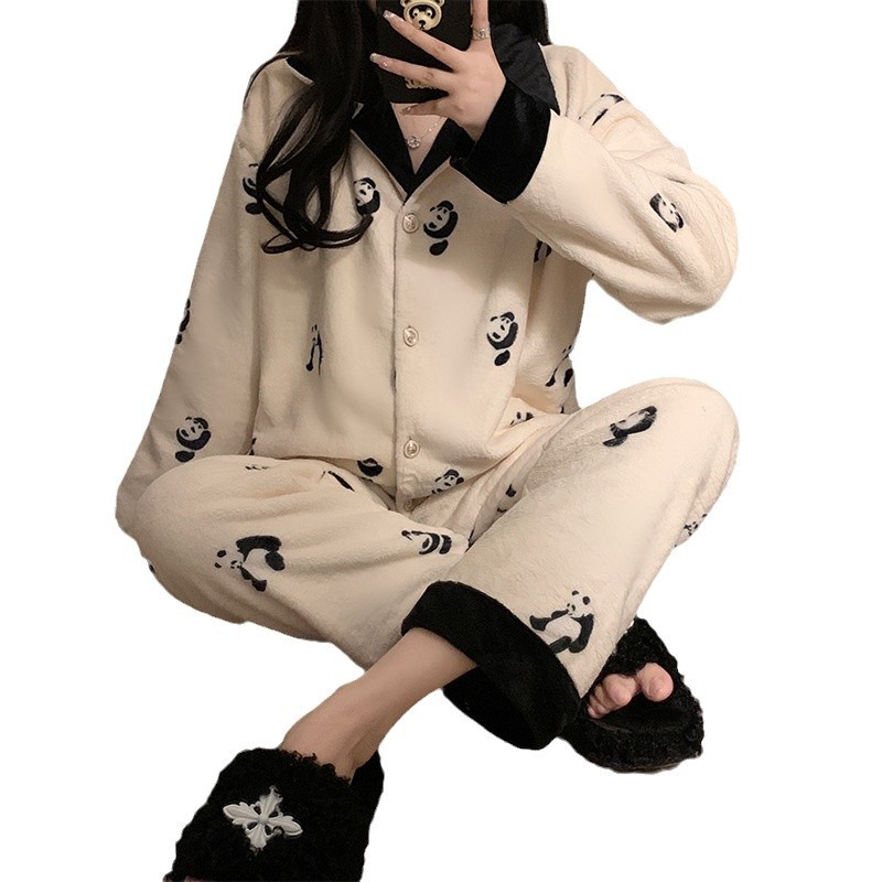 일본 팬더 잠옷 여성의 가을과 겨울 산호 양털 기모 두꺼운 2024 새로운 카디건 홈 의류 겨울 세트