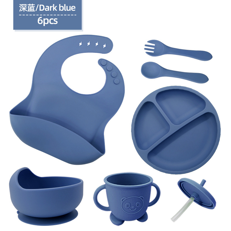 Vajilla de silicona para niños Juego de 6 piezas de silicona para bebés Tazón de alimentos complementarios separados Cuchara tenedor Taza para aprender a beber Juego de vajilla para madres y bebés