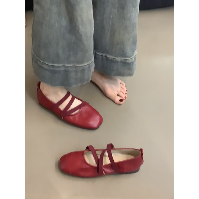 Sheepskin Version ~ French Cross Strap Red Mary Jane Shoes Flats Shoes for Women Shallow Mouth Evening Fairy Ballet Shoes