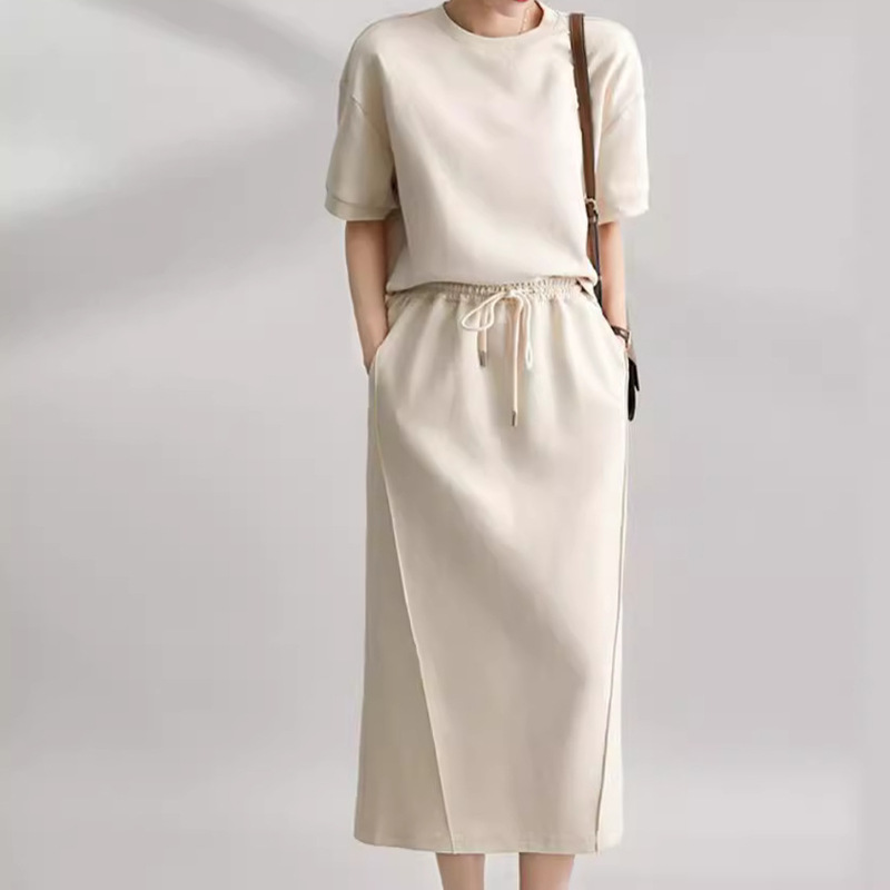 2025 Spring and Summer Sports and Casual Lazy Suit Women's Soft Air Cotton Short-Sleeved Top + Slit Skirt Two-Piece Set