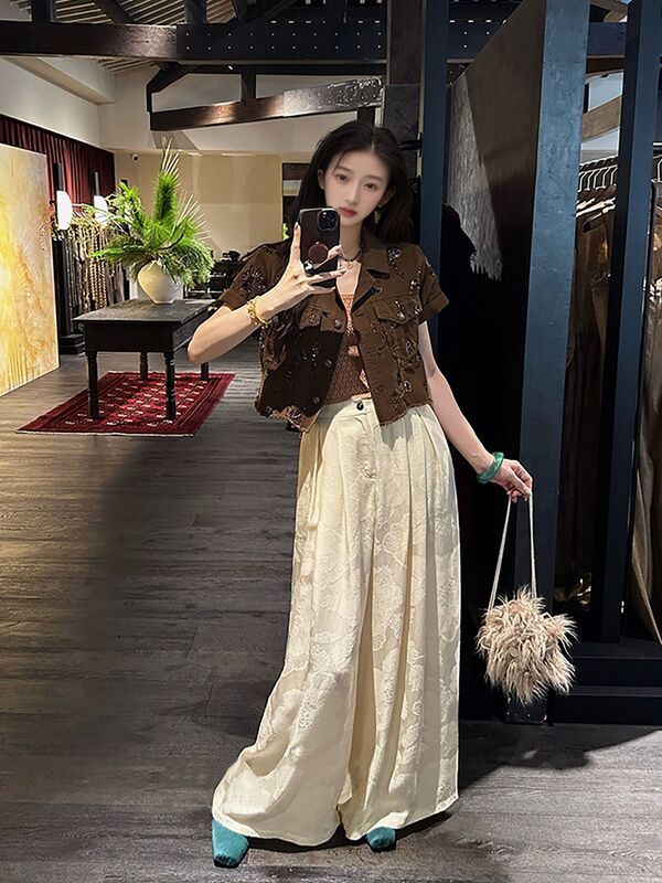 新中式国风女装人丝提花阔腿长裤秋季织金设计缎面垂垂裤子 N8046|undefined