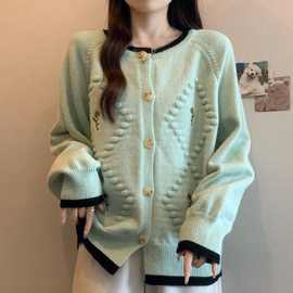 大码软糯刺绣提花新品针织开衫女新品新品宽松显瘦绿色毛衣外套