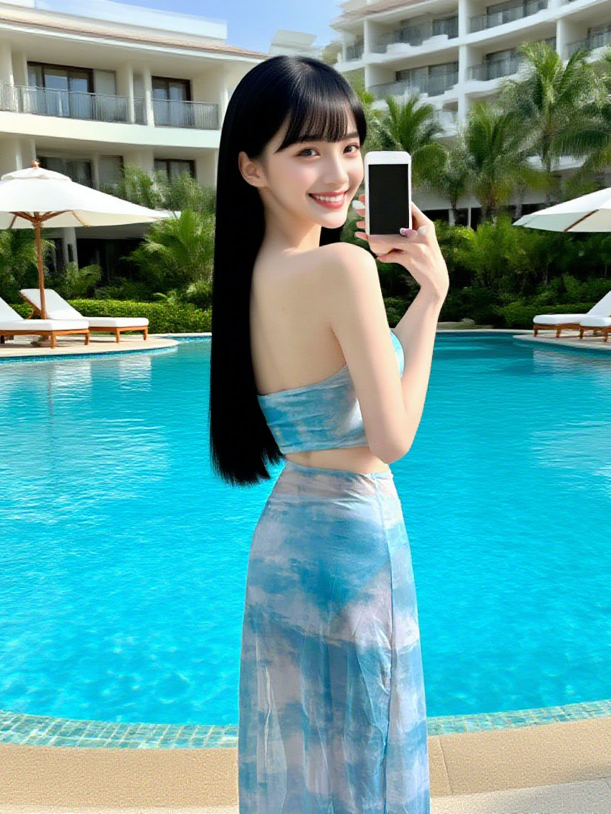 Nuevo estilo de vacaciones en la isla, falda larga de una pieza, traje de baño, cuello halter femenino, top de tubo, flores tridimensionales, sexy, delgado, piernas delgadas