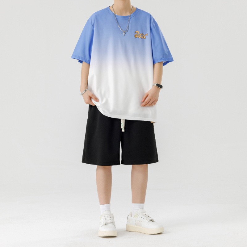 2025 nuevo verano adolescente pantalones cortos de manga corta traje deportivo casual moda degradado suelto traje de dos piezas hombre