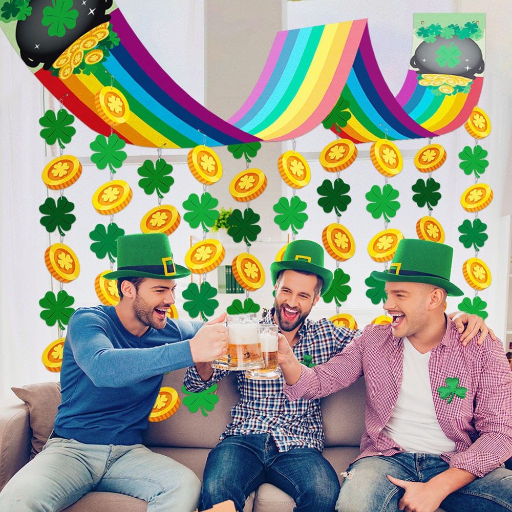 Banner de arco iris del día de San Patricio transfronterizo Lucky Clover Gold Coin Colgante Banner Decoración de escena Accesorios