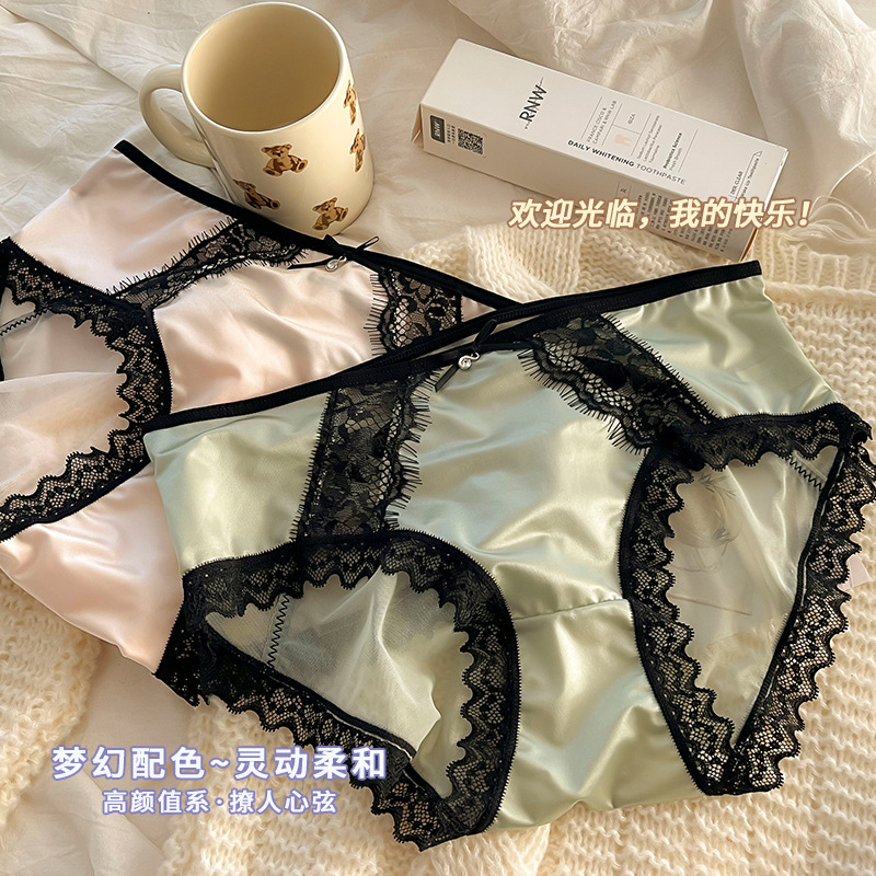 女性用フレンチサテンまつげレース下着、ピュアセクシーメッシュミッドウエストマルベリーシルクボトムクロッチレディースブリーフ|undefined