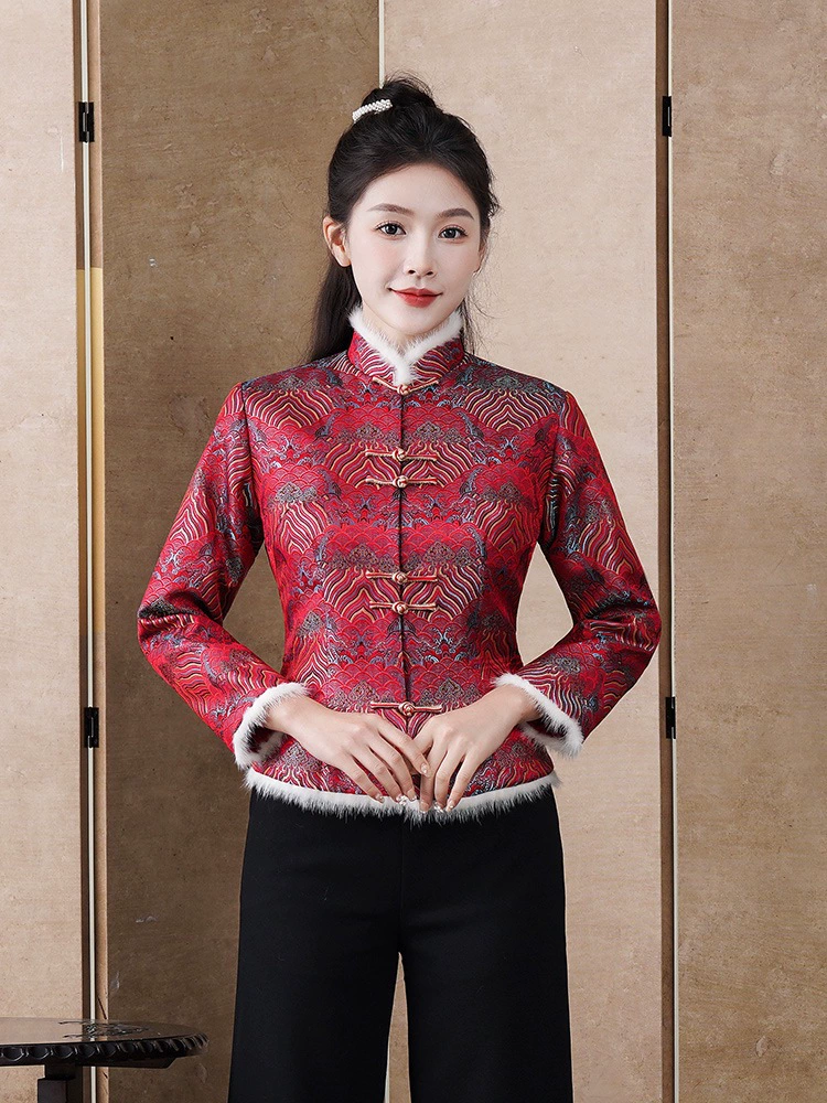 Зимний новый праздничный топ-ципао в национальном стиле с жаккардовым узором и меховым воротником, модель 2025 года, коллекция Xiuguantangjingteng