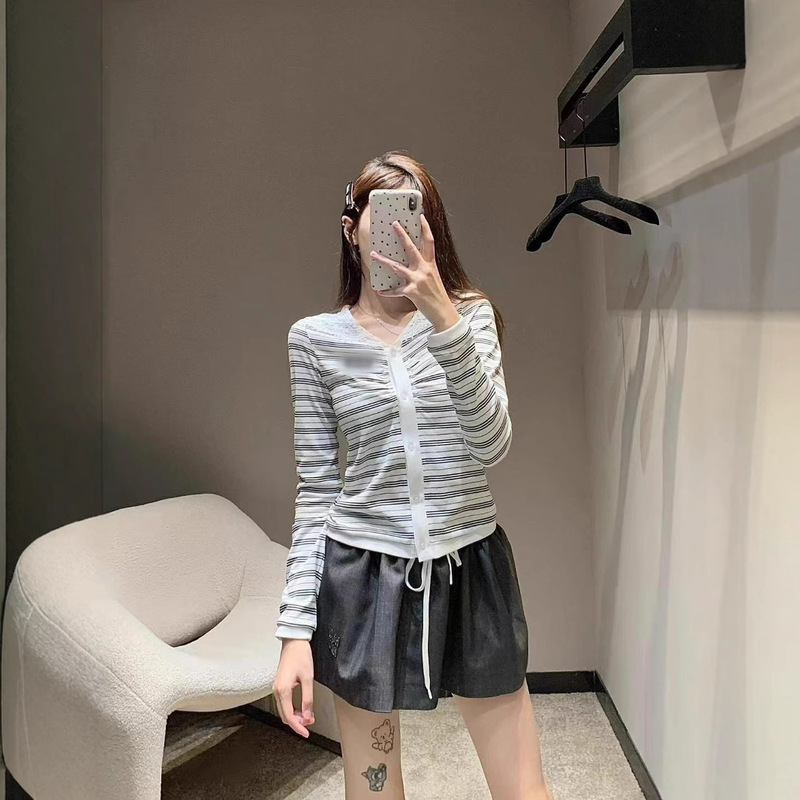 Shenzhen Nanyou Classy Original Single Miu Home 2024 Autumn and Winter Classic Versatile Lace Hat Stripesd Long-Sleeved Top