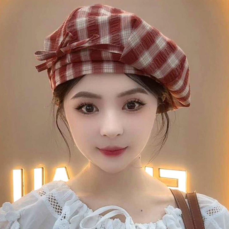 春秋薄款日系复古格子八角帽时尚贝雷帽子女透气显脸小文艺报童帽|undefined