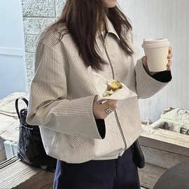 韩国chic春季复古减龄翻领正反两穿宽松百搭长袖条纹夹克短外套女