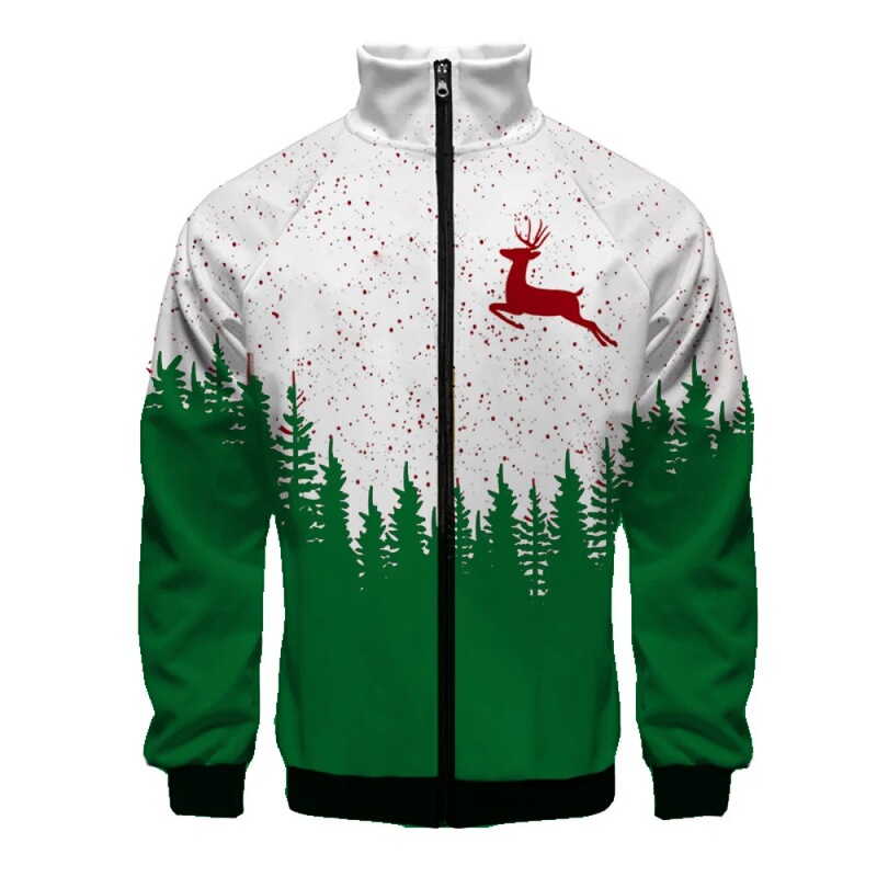 Cross-Border Stand-Up Collar Zipper Christmas Reindeer Print Sweatshirt Men's Jacket Holiday Street Fashion Casual Top