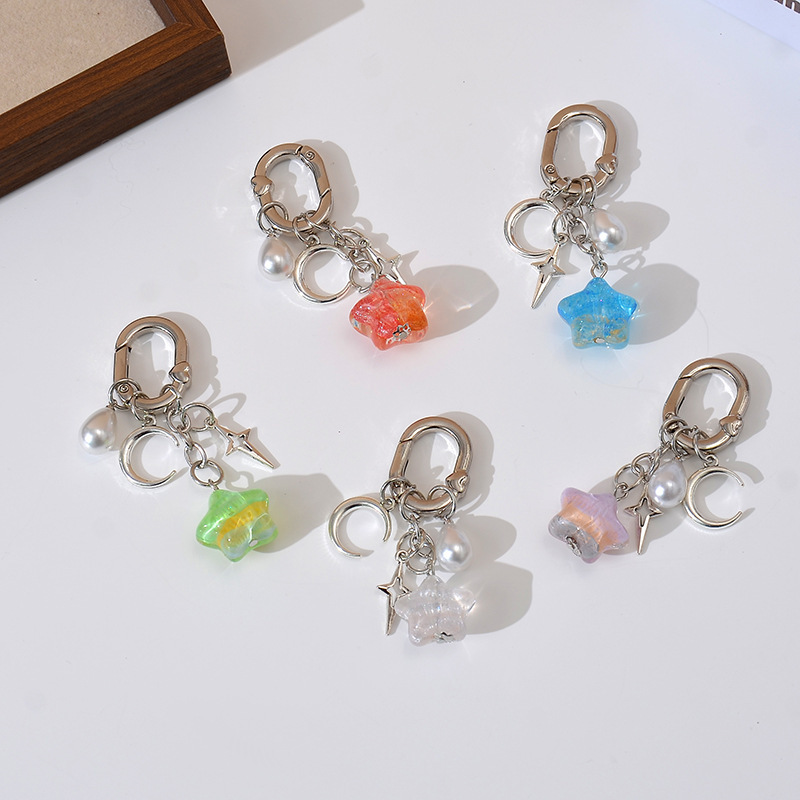 Colorful Laminated Star Moon Pearl Keychain Pendant Alloy Chain Pendant Bag Mobile Phone Jewelry Pendant