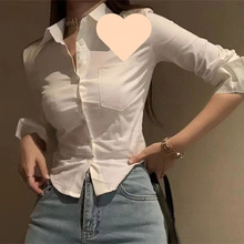 纯欲辣妹风修身收腰显瘦短款性感领白色衬衫女长袖前台工作服