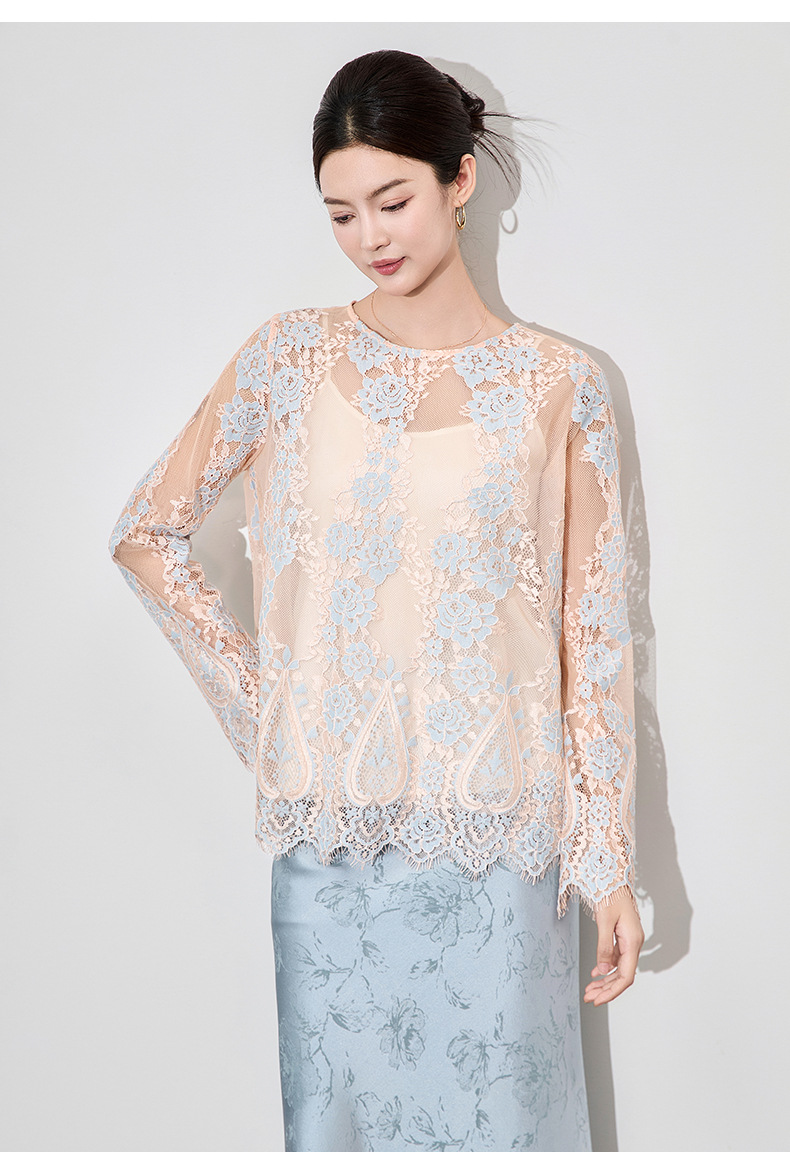Áo sơ mi ren jacquard phong cách Pháp thanh lịch tay dài — Màu hồng chi tiết 13