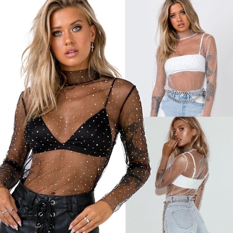 Women's Transparent Lace Mesh Top With Sequins See Through Stylish Layering Trendy Base Layer Top_ecoleips.com