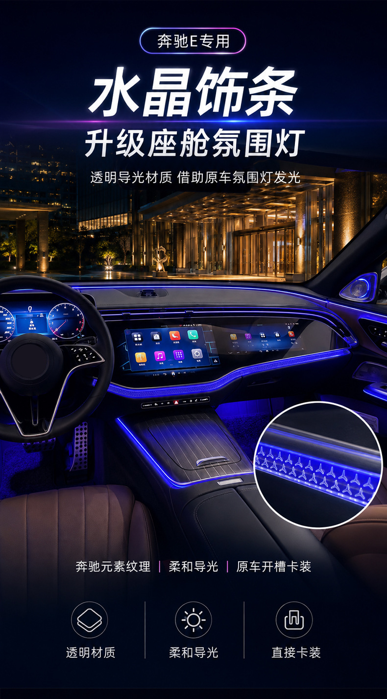 Suitable for Mercedes-Benz E-Class E260L center console ambient lighting, starry sky screen, crystal frame under the screen, E300 interior decoration accessories