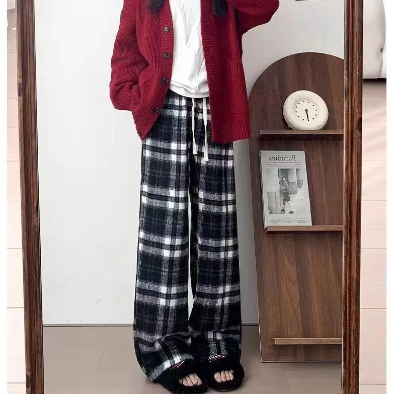 다크 그린 빈티지 격자 무늬 바지 가을과 겨울 새로운 서랍 느슨한 허리 바지 게으른 스타일 바지 겨울 모직 스트레이트 바지