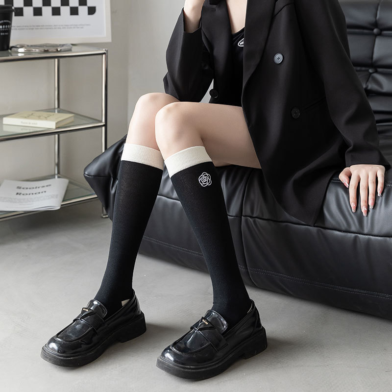 黑白撞色女袜ins潮甜美小香风山茶花朵刺绣袜子女学生中筒棉袜子|undefined